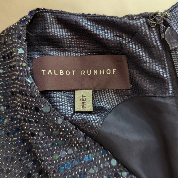 Talbot Runhof Rosin Metallic Navy Draped Gown V-Neck Cape Sleeve 6 36 Preowned - Picture 11 of 14